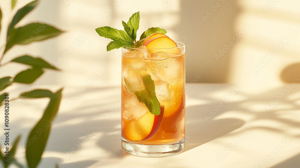 Fototapeta premium Refreshing peach iced tea with mint garnish