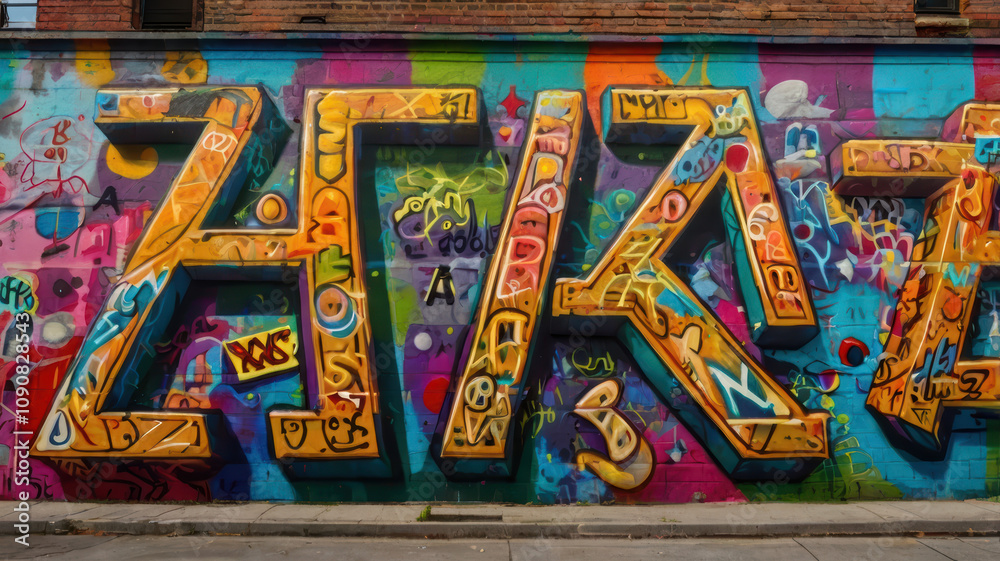 Fototapeta premium vibrant street art mural featuring bold, colorful graffiti letters. artwork showcases mix of styles and bright hues, creating energetic urban atmosphere