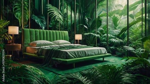 scene of abstract place for relaxation with bed in wild jungle forest. Fantasy dreamy bedroom