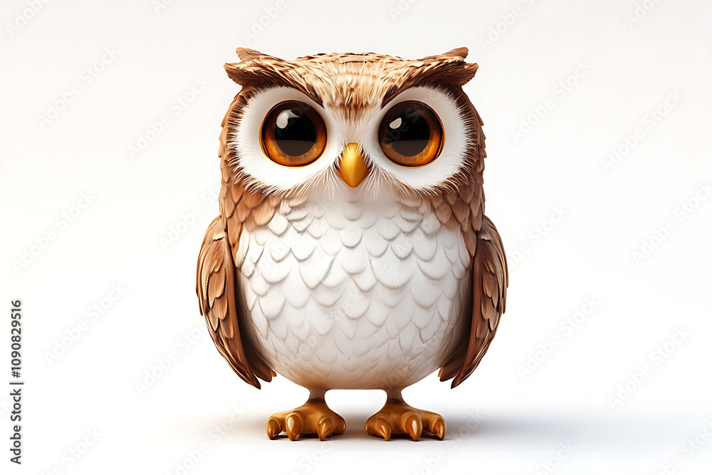Obraz premium A cute, cartoon-style owl with large eyes and detailed feathers, designed for charm.