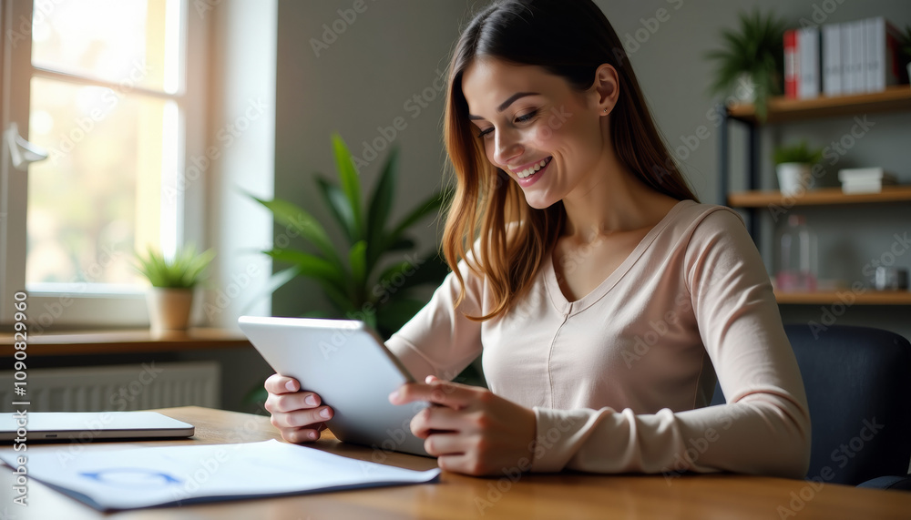 Woman working on tablet in modern office setting Woman working on tablet in modern office setting