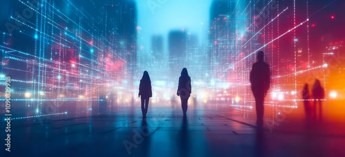 Futuristic City with People Connected by Digital Communication Network photo