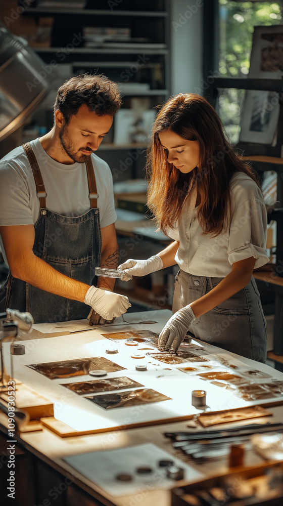 Fototapeta premium Couple engaged in careful inspection of developed photographs in a bright studio environment