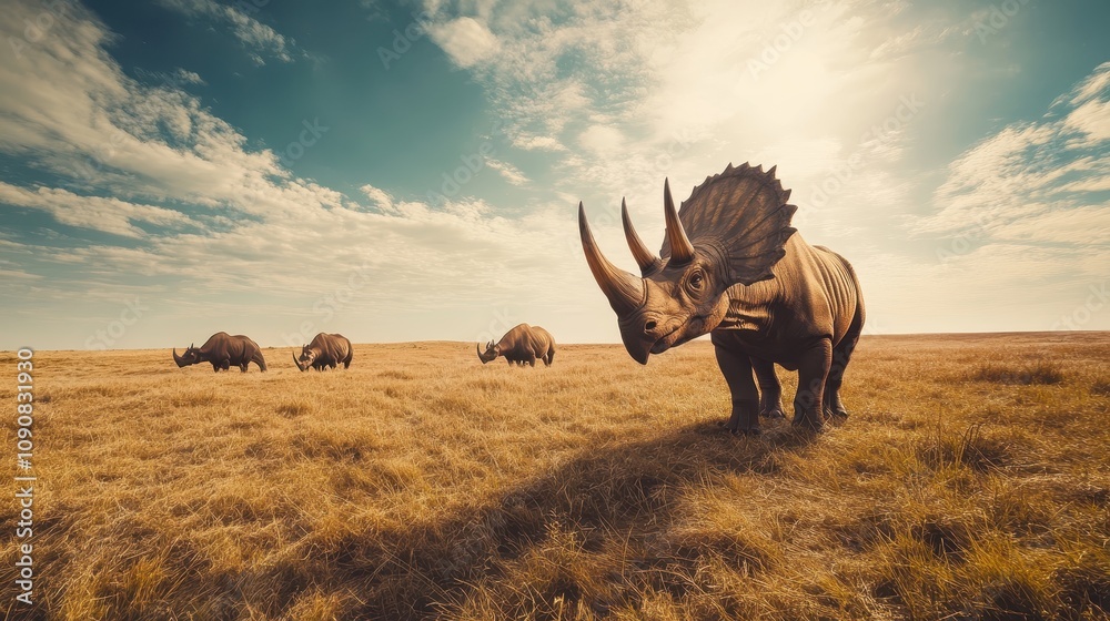 Fototapeta premium A group of Triceratops grazing in a wide open plain, their horns glinting in the sunlight.