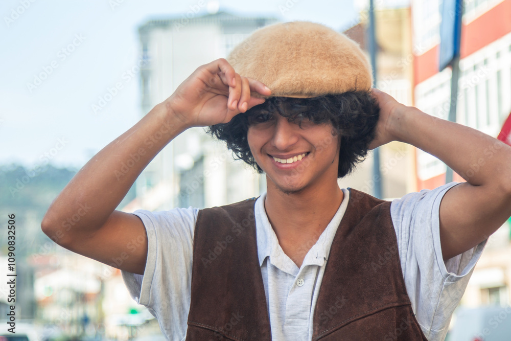 young man putting on cap on street young man putting on cap on street