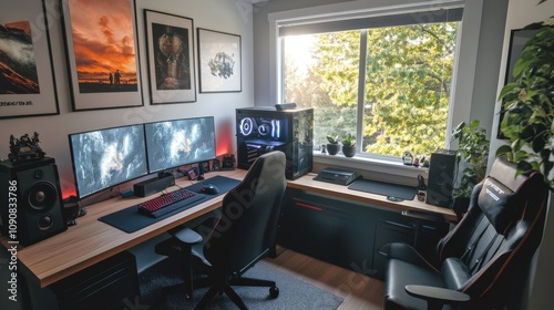 Modern Gaming Setup with Dual Monitors, Gaming Chair, and Window View photo