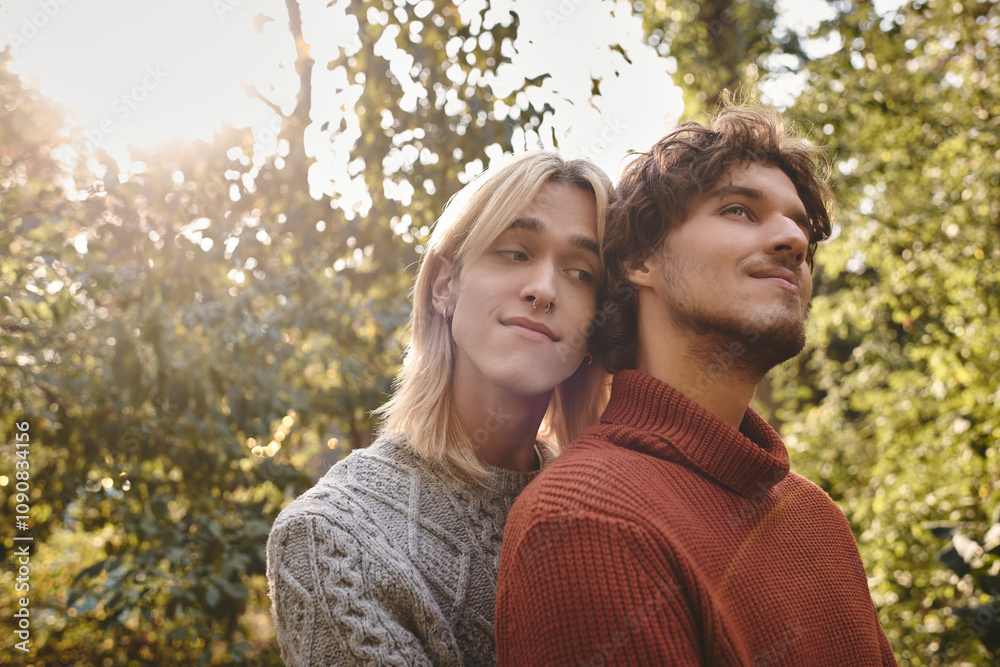 Fototapeta premium In a peaceful forest during golden hour, two young men embrace warmly surrounded by nature. Their smiles reflect joy and intimacy, showcasing a beautiful bond under soft sunlight.