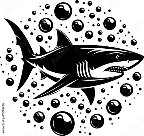 Shark Swimming with Bubbles - Vector Black Silhouette Cricut Design for T-Shirt