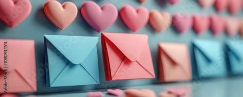 Colorful envelopes and hearts create a vibrant display of love and connection, perfect for romantic themes. photo