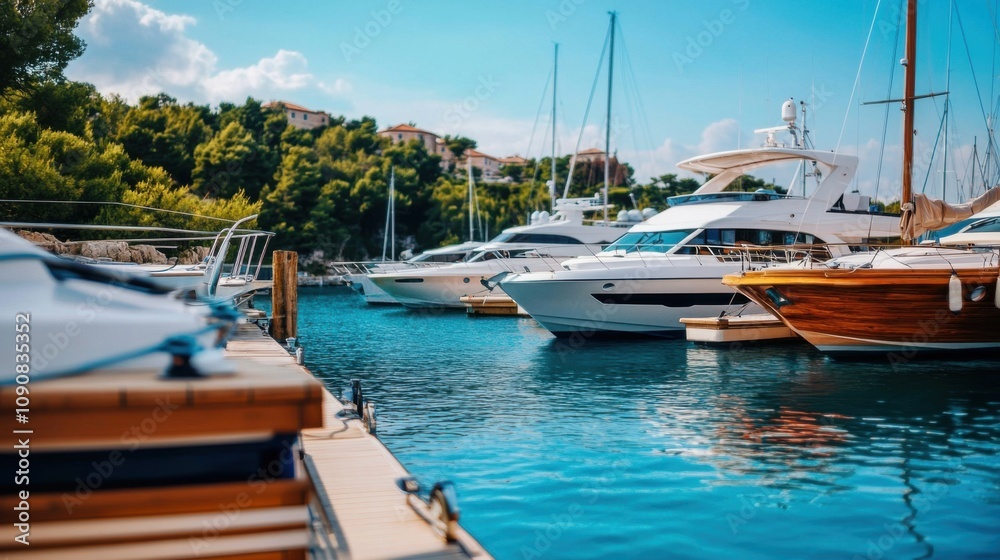 Fototapeta premium Luxurious yachts docked in a serene marina surrounded by lush greenery and calm waters under a bright blue sky, perfect for tranquil summer escapes.