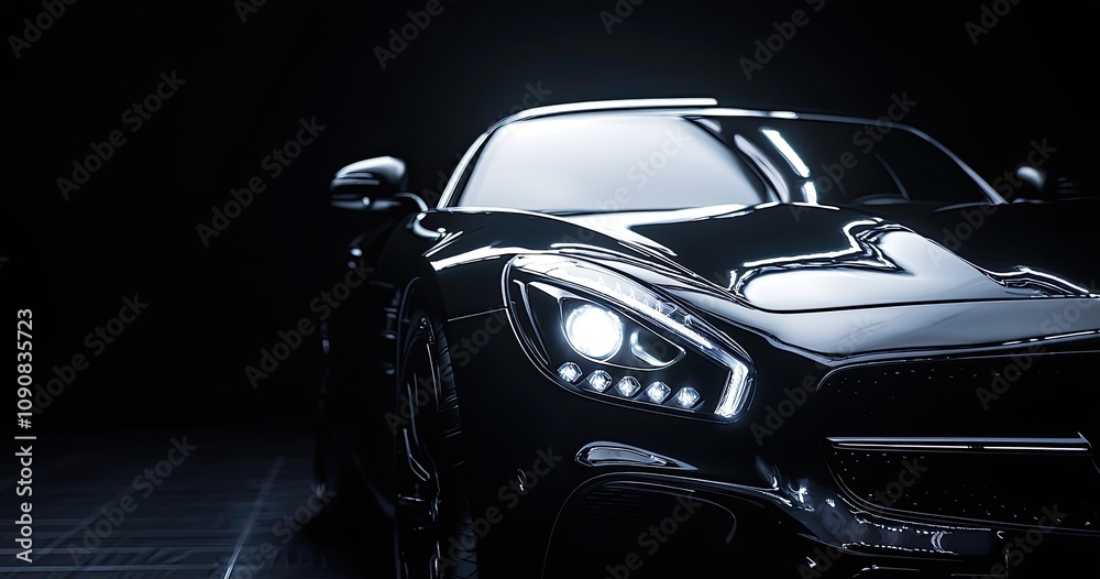 Fototapeta premium Black background with a car in the foreground, illuminated by studio lighting. The concept of luxury cars and advertising for high-end fashion