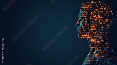 A silhouette of a person filled with digital binary data representing technology.