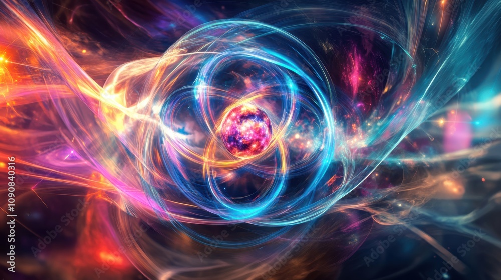 Obraz premium An abstract visualization of atomic structures depicting energy and movement in a colorful cosmic background