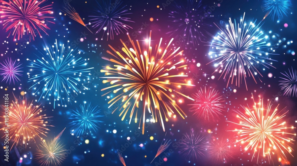 Fototapeta premium Colorful fireworks light up the night sky during a celebration with vibrant bursts of color illuminating the festive atmosphere