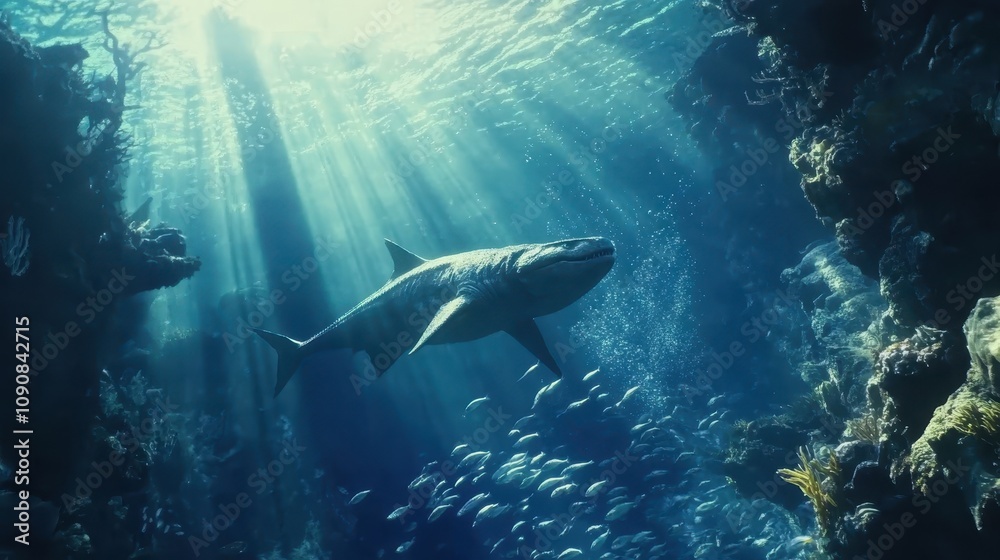 Obraz premium A prehistoric underwater scene with a Mosasaurus chasing a school of fish.