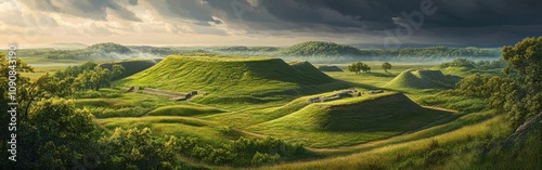 A captivating look at the Cahokia Mounds at sunrise, showcasing prehistoric earthworks and lush landscapes in Illinois