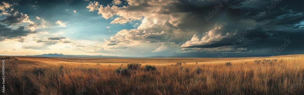 Fototapeta premium Breathtaking panorama of open grasslands under a vast sky in the late afternoon shadows