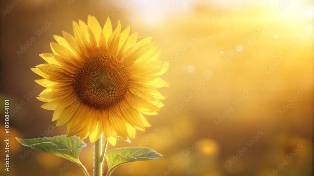Obraz premium Vibrant sunflower field basking in sunlight with a glowing sunset in the background
