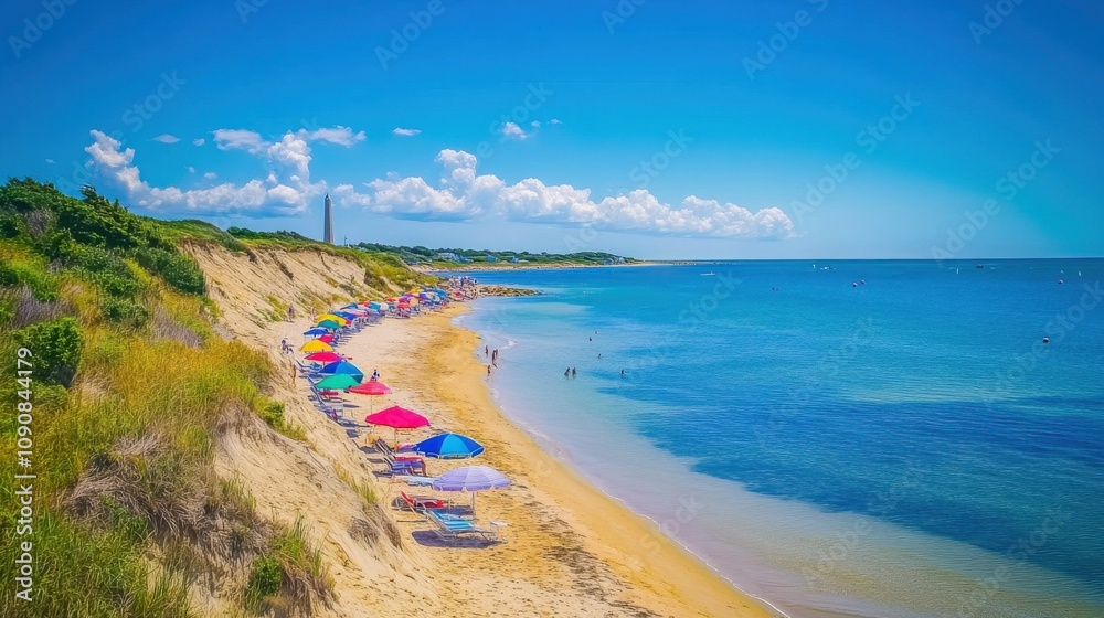 Obraz premium Experience the breathtaking beauty of Ptown's cliffs and beach under a brilliant blue sky