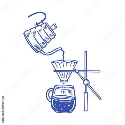 An Artistic Illustration of the Pour Over Coffee Brewing Process Featuring Various Elements