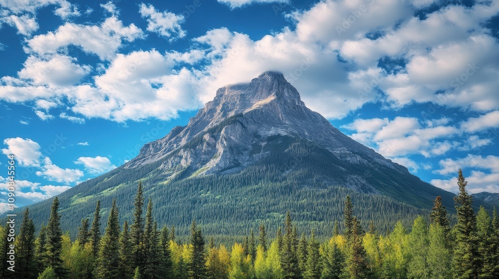 Obraz premium A rocky mountain peak shrouded in clouds, standing tall over a dense forest below.