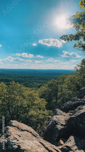 A breathtaking view of the Catoctin Mountain under a bright sky with lush green trees and distant horizons during a clear day photo