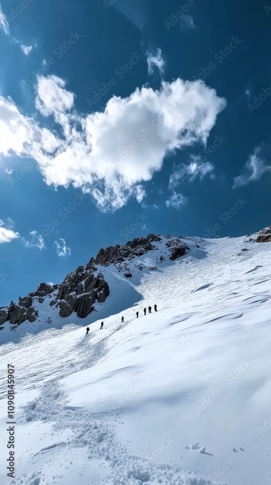 Obraz premium Snow-covered mountain landscape with climbers ascending under a bright blue sky during winter