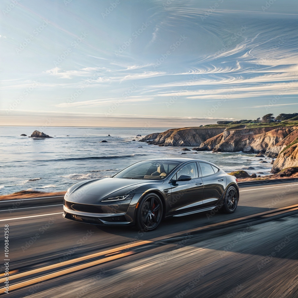 Naklejka premium electric sports car on a beachside highway