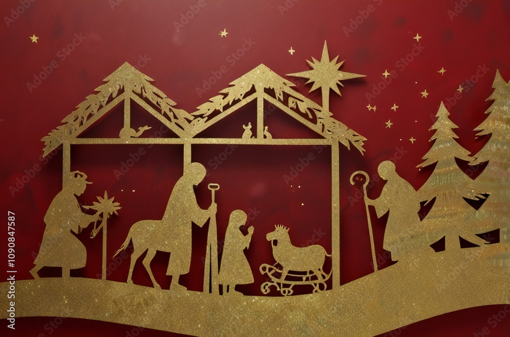Naklejka premium christmas nativity scene with christmas tree