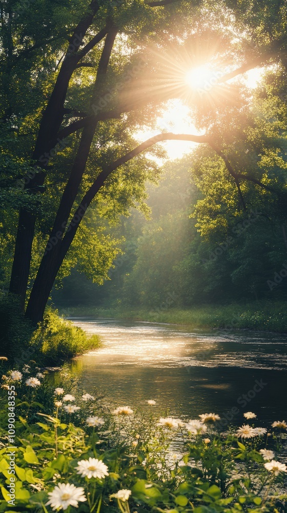 Fototapeta premium Sunlight illuminates the Brandywine River surrounded by lush greenery and wildflowers during a tranquil morning