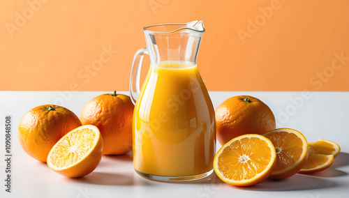 Freshly Squeezed Orange Juice. Vibrant Pitcher Surrounded by Whole and Sliced Oranges