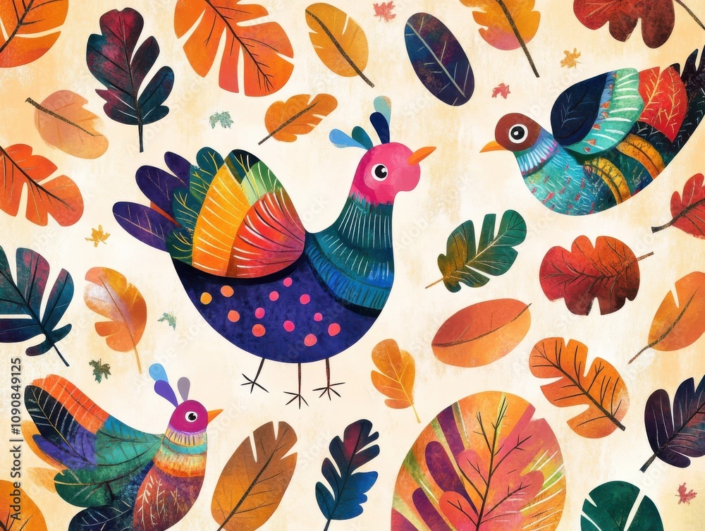 Obraz premium Colorful cartoon-style birds and autumn leaves in a vibrant, playful setting perfect for children's activities