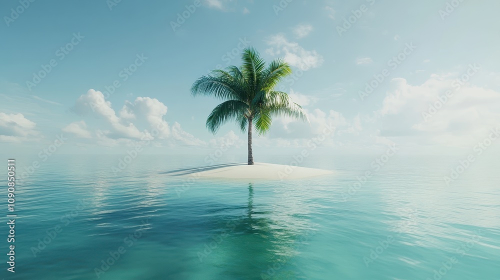 Fototapeta premium A small island with a solitary palm tree surrounded by crystal-clear water.
