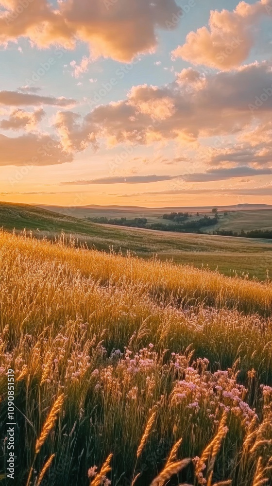 Obraz premium Golden fields of prairie grass under a vibrant sunset sky in a tranquil rural setting