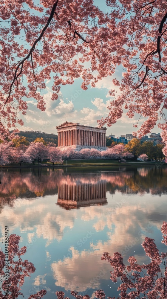 Obraz premium The Parthenon reflected in tranquil waters surrounded by vibrant cherry blossoms in springtime Athens