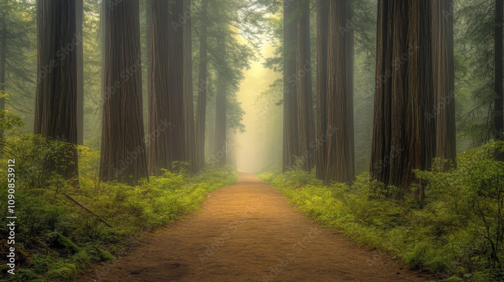 Fototapeta premium A tranquil forest path vanishes into thick fog, inviting exploration in the serene wilderness of towering trees