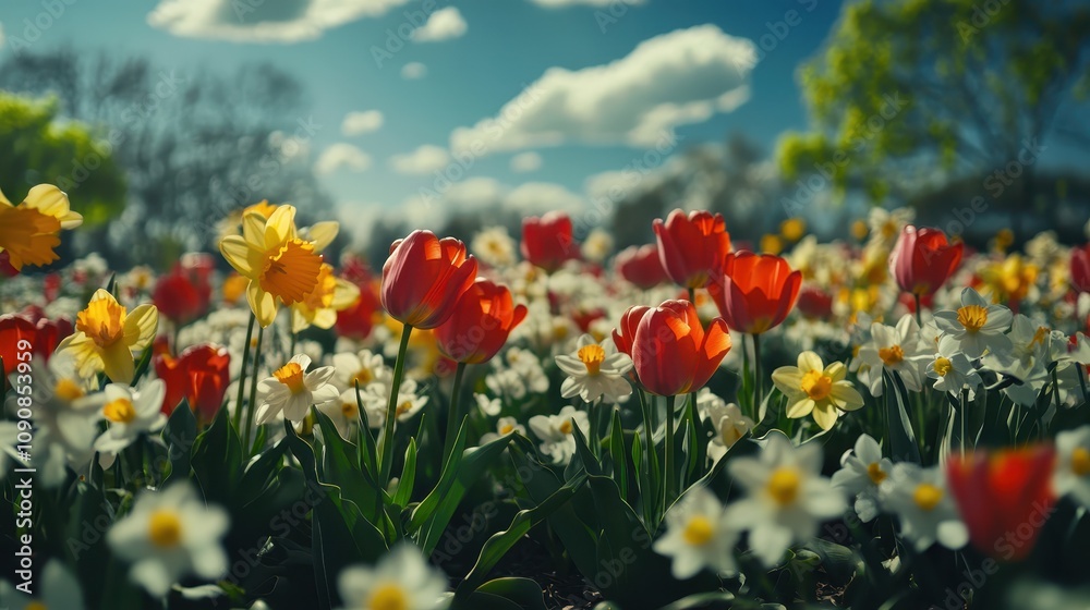 Fototapeta premium A springtime garden filled with blooming tulips and daffodils in vivid colors.