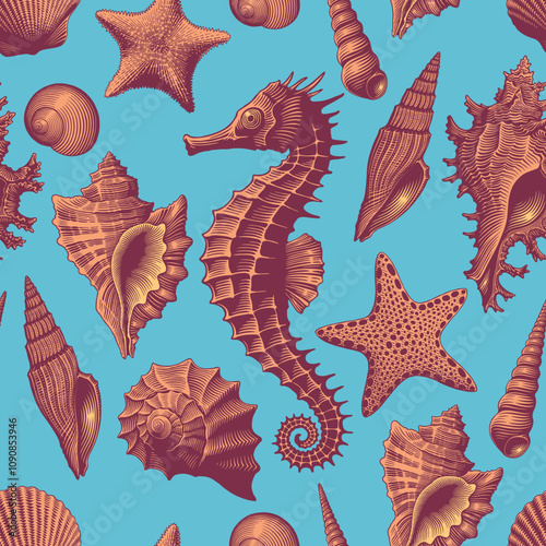 Seahorse, starfish and seashells. Seamless wallpaper pattern.  Background. Editable hand drawn illustration. Vector vintage engraving. 8 EPS