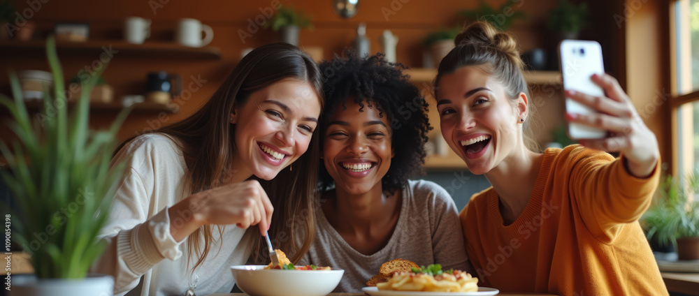 Obraz premium Diverse Women Celebrating Friendship Over a Meal and Selfie