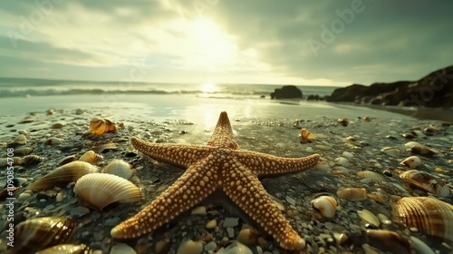 A starfish resting on a tidepool filled with shells and small crabs. photo