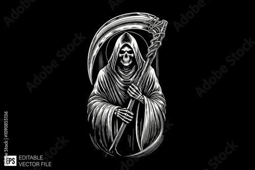 skull grim reaper holding scythe illustration black and white vector design