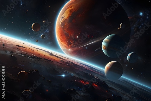 A detailed high-definition portrayal of sidereal space featuring a multitude of planets and galaxies, with brilliant stars and dynamic comets traversing a backdrop.