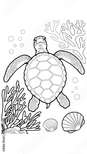 Sea Turtle Underwater Coloring Page with Coral and Seashells Generative aI
