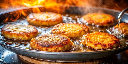 Long Exposure of Crispy Potato Cakes and Vegetable Fritters in a Pan, Highlighting the Golden Brown Texture and Deliciousness of Shredded Potato Pancakes photo