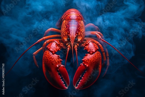 Red lobster on a dark background with blue smoke photo