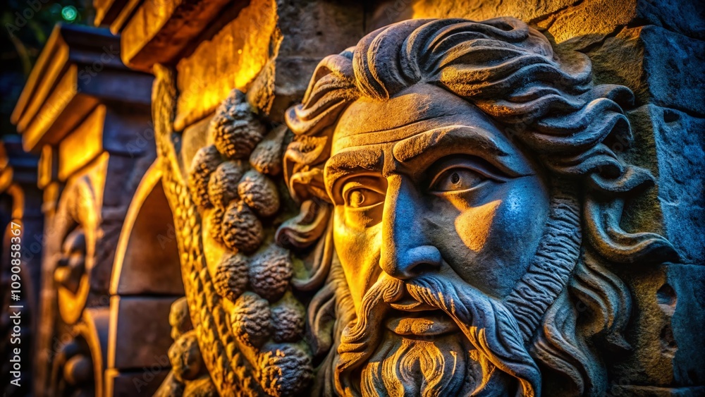 Obraz premium Low Light Photography of an Expressive Carved Stone Face Captured in a Mysterious Atmospheric Setting Highlighting Intricate Details and Shadows