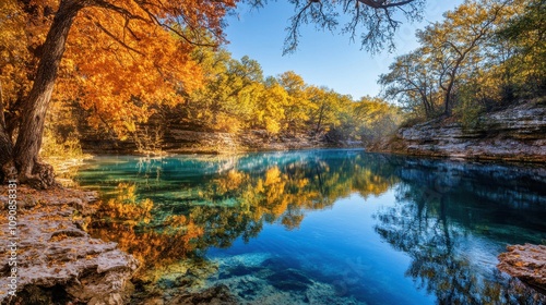Explore the vibrant fall colors and serene waters of Chickasaw National Recreation Area at sunrise