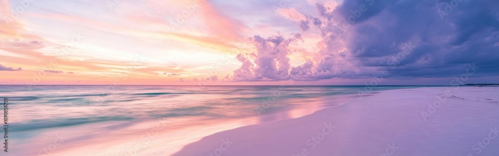 Fototapeta premium Sunset over Siesta Key Beach highlighting gentle waves and soft sand under a colorful sky