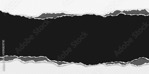 Black and grey piece of paper with torn edges and soft shadow are on transparent background for text or ad.