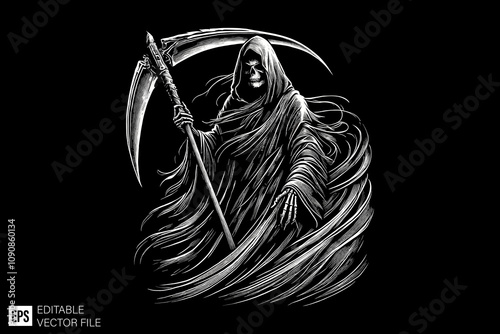 skull grim reaper holding scythe illustration black and white vector design